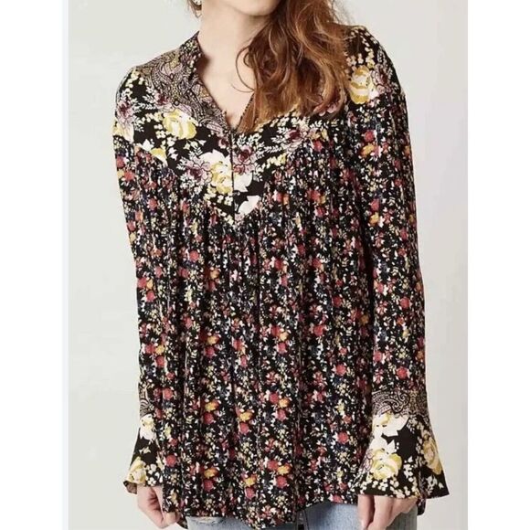 Free People Wildflower Fields Floral Boho Long Sleeve Tunic Top Women’s Medium - Picture 1 of 6